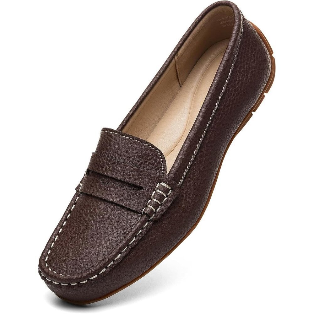 Kordal Women's Coffee Leather Comfortable & Lightweight Penny Loafers Flats